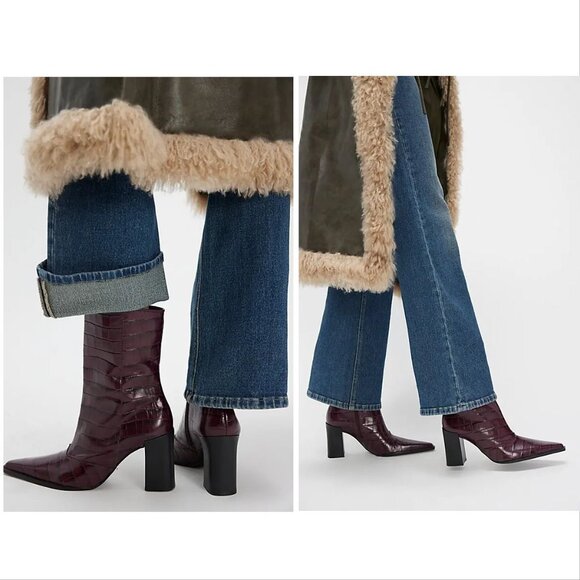 SCHUTZ Raffaela Booties Boots Heels Size 5 Merlot Wine Burgundy Croc Leather NEW - Picture 2 of 15